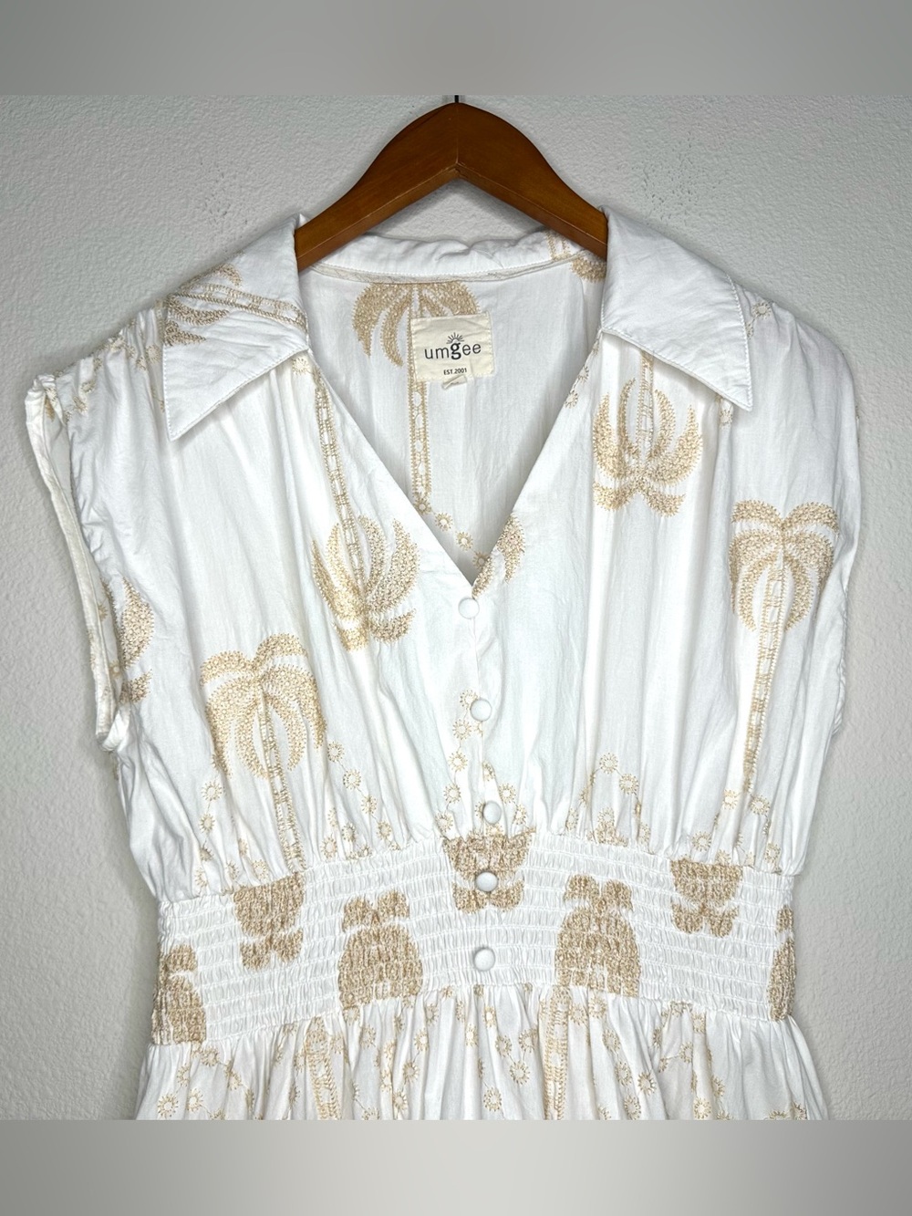 Palm Embroidered Cotton Midi Dress White Resort Coastal Boho Umgee M - Picture 5 of 10